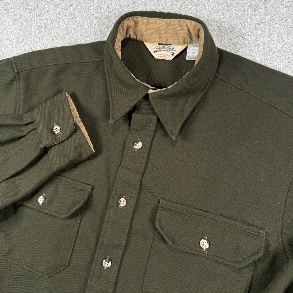Cabela's Button Front Shirt Men L Green Corduroy Trim Made in USA